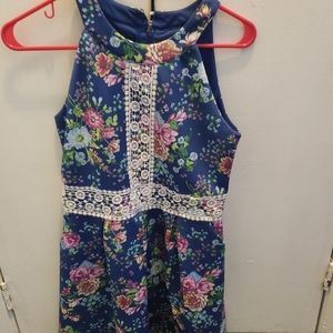 Blue Floral Dress With Embroidered White Lace